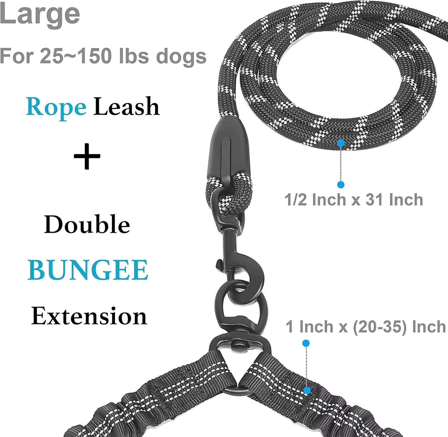 Dual Dog Leash, Double Dog Leash, 360 Swivel No Tangle Walking Leash, Shock Absorbing Bungee for Two Dogs