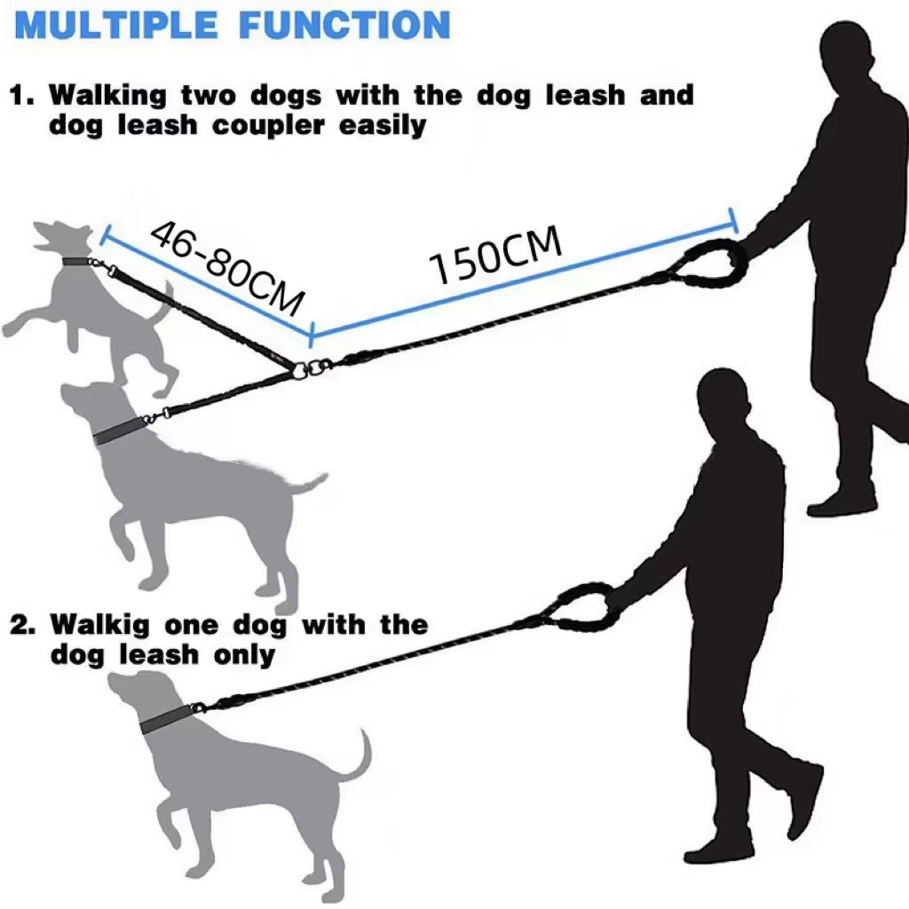 Dual Dog Leash, Double Dog Leash, 360 Swivel No Tangle Walking Leash, Shock Absorbing Bungee for Two Dogs